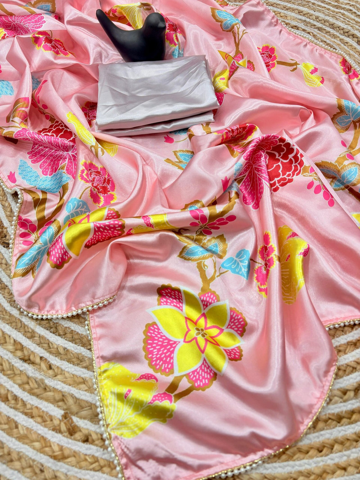 Japan Satin Silk Digital Print Saree with Moti Lace image 11