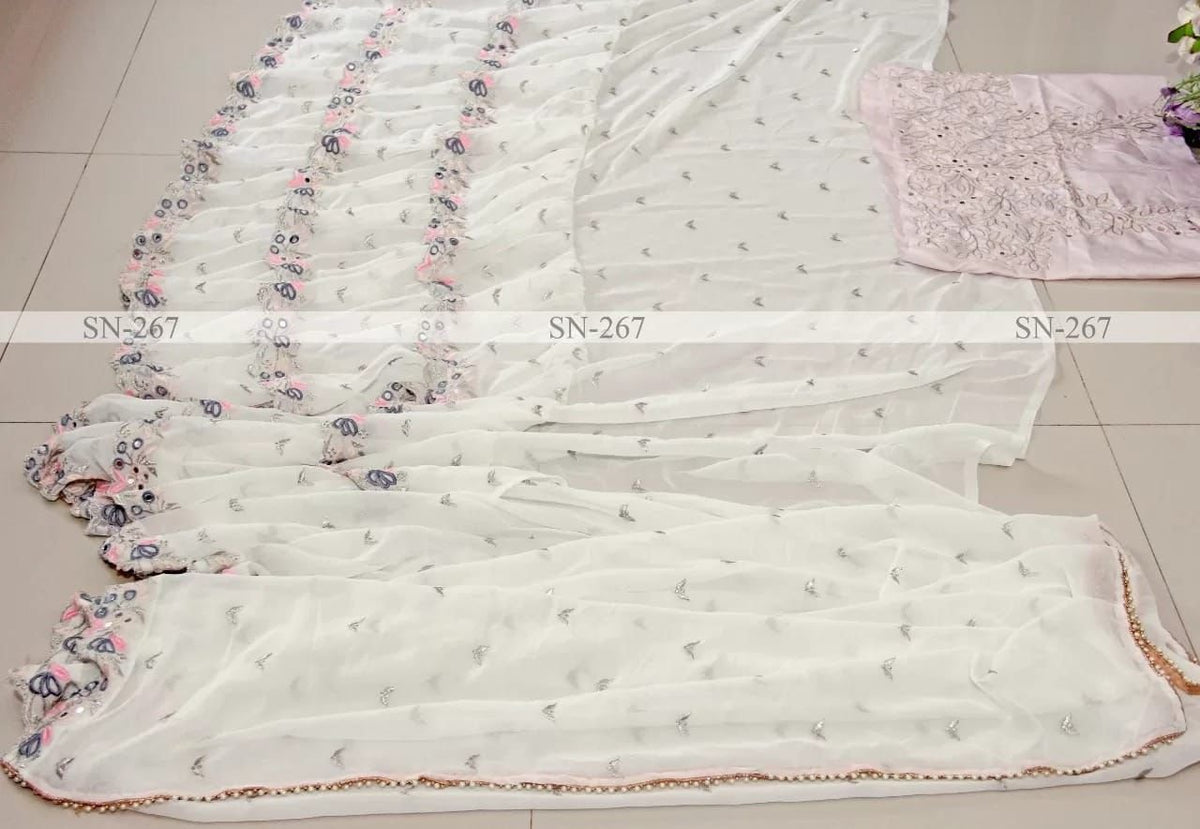 Elegant Maheshwari Georgette Saree with Zari Butta, Ruffles & Mirror Work image 3