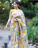 Linen Saree with Gold Jari 5×5 Border & Digital Print image 0