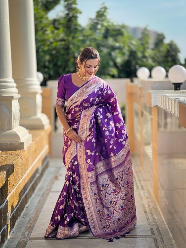 Purple Soft Lichi Silk Saree with Rich Jacquard Work & Contrast Blouse image 2