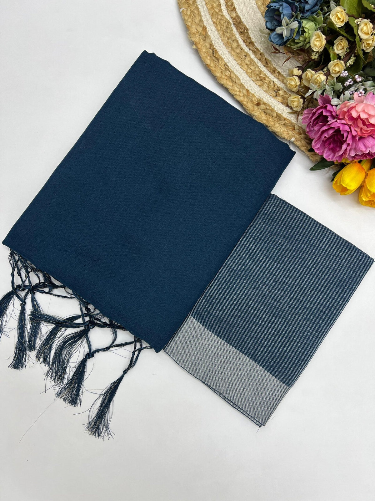 Pure Cotton Linen Saree with Silver Jari Weaving - Navy Blue image