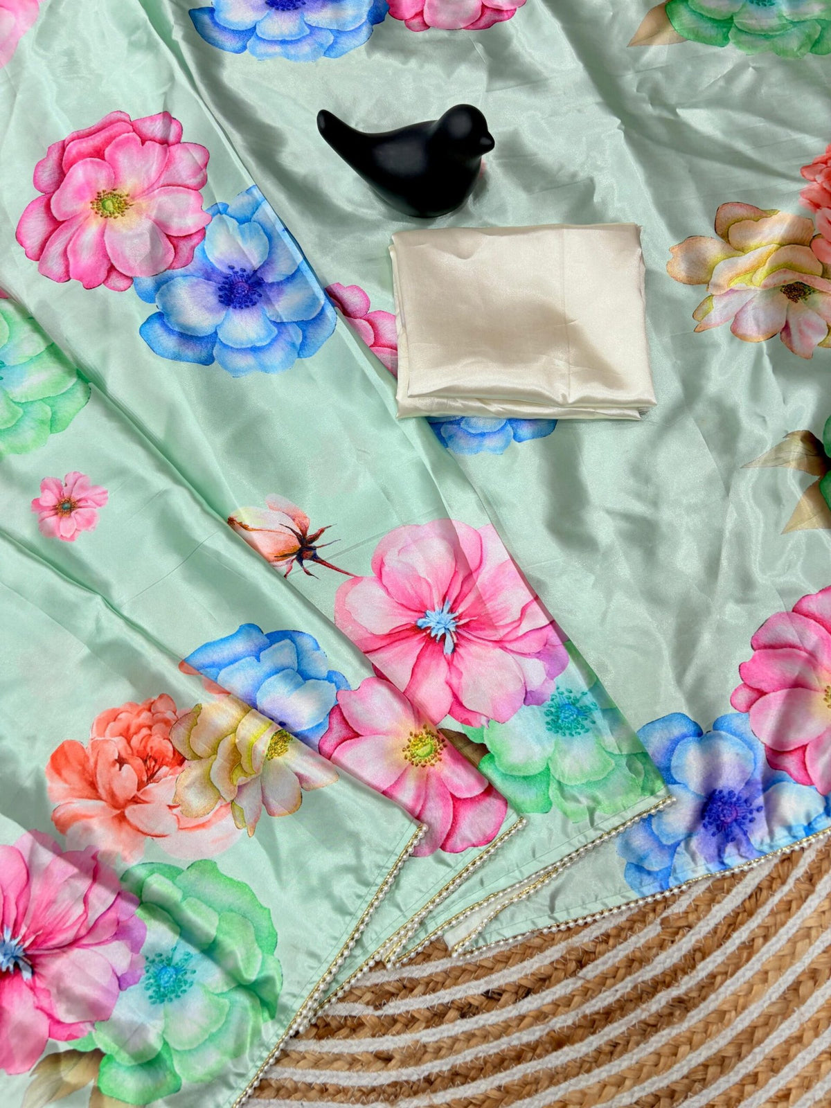 Japan Satin Silk Digital Print Saree with Moti Lace image 3