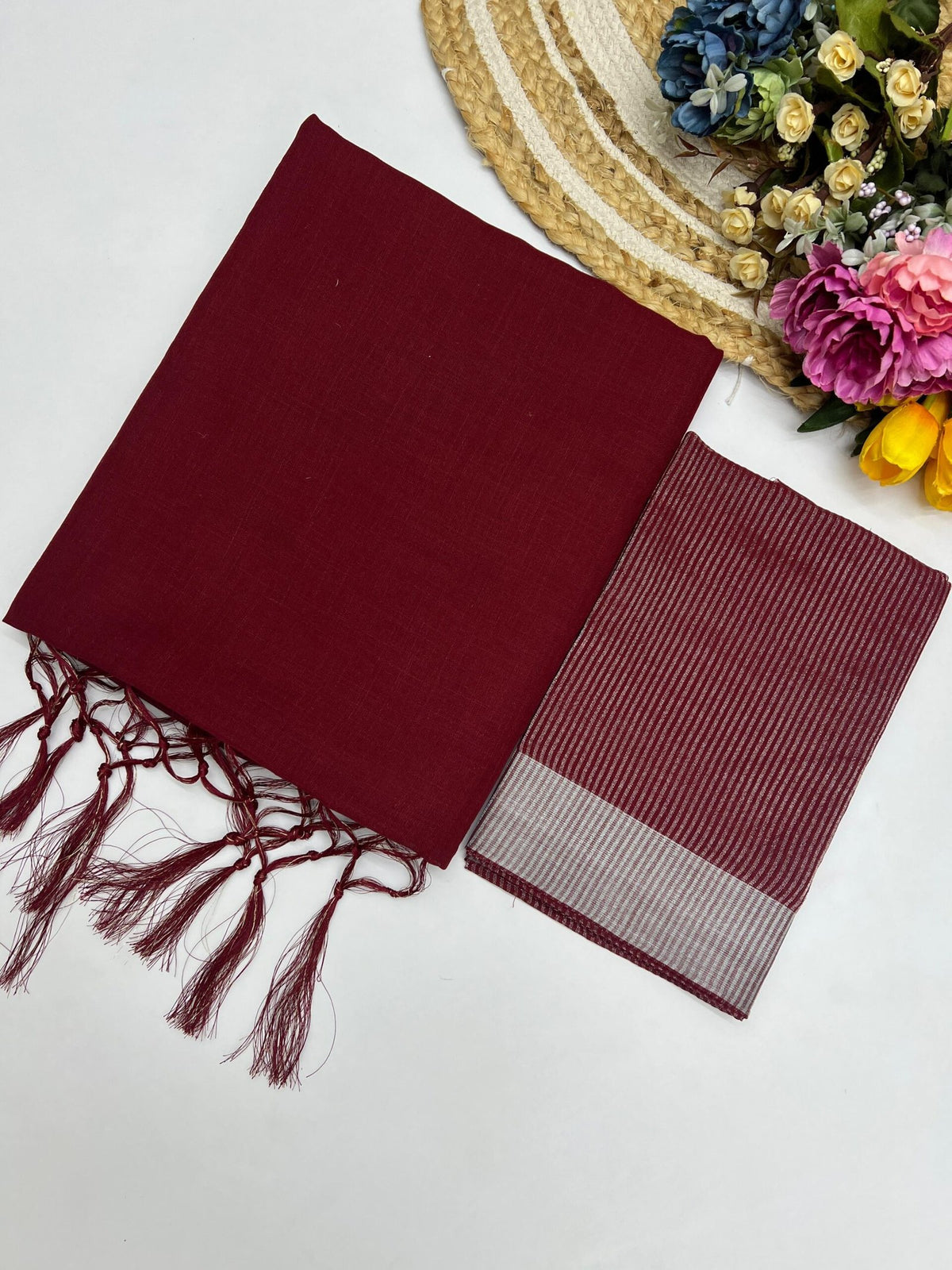 Pure Cotton Linen Saree with Silver Jari Weaving - Maroon image