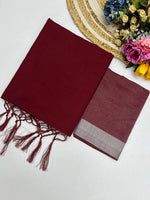 Pure Cotton Linen Saree with Silver Jari Weaving - Maroon image