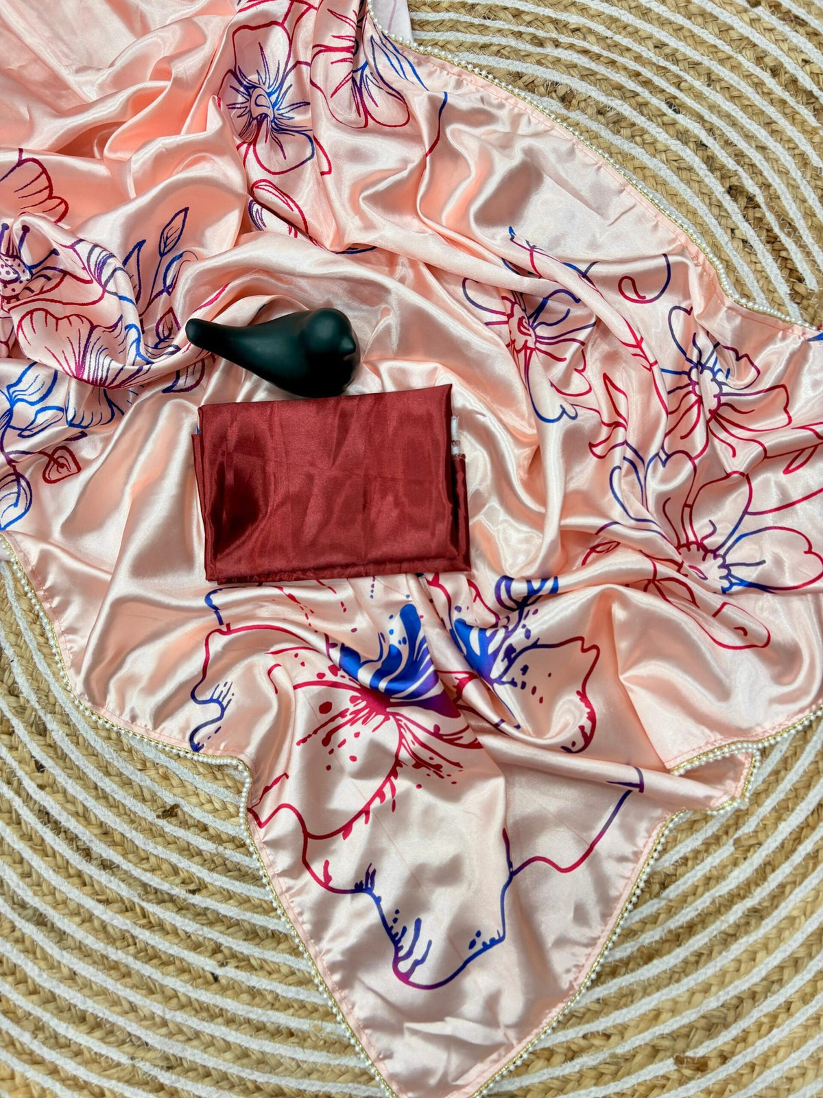 Japan Satin Silk Digital Print Saree with Moti Lace image 7