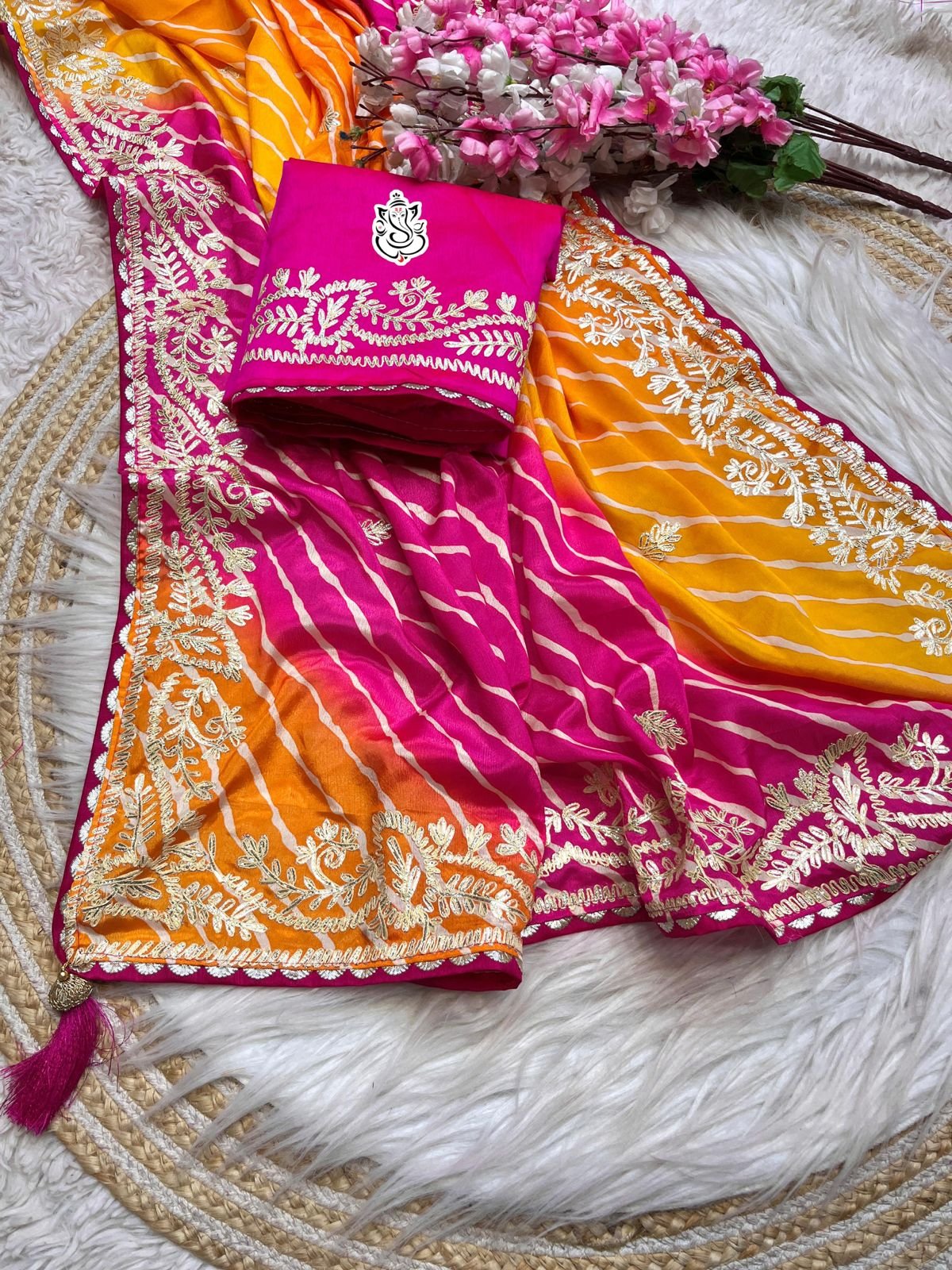 Soft Chinon Silk Leheriya Saree with Heavy Ribbon Gota C Pallu & Butti Work | Designer Mono Work Blouse image 1