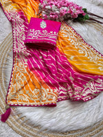 Soft Chinon Silk Leheriya Saree with Heavy Ribbon Gota C Pallu & Butti Work | Designer Mono Work Blouse image 1
