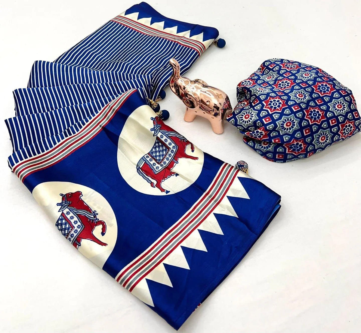 White Zebra – Premium Japan Satin Patola Ajrakh Print Saree - Royal Blue image