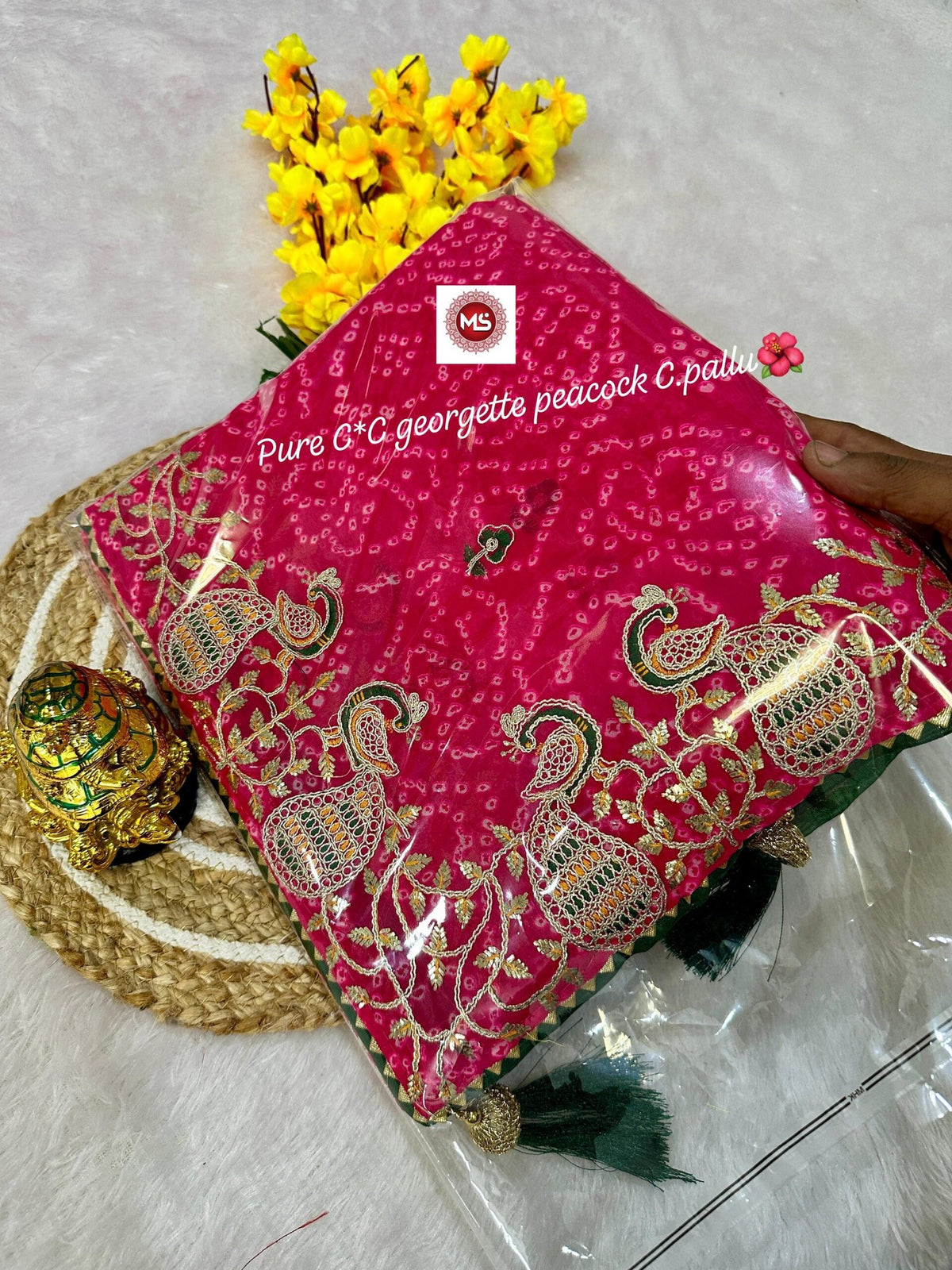 Exclusive Pure Georgette C*C Saree with Gotapatti Codding & Peacock Pallu Design image 2
