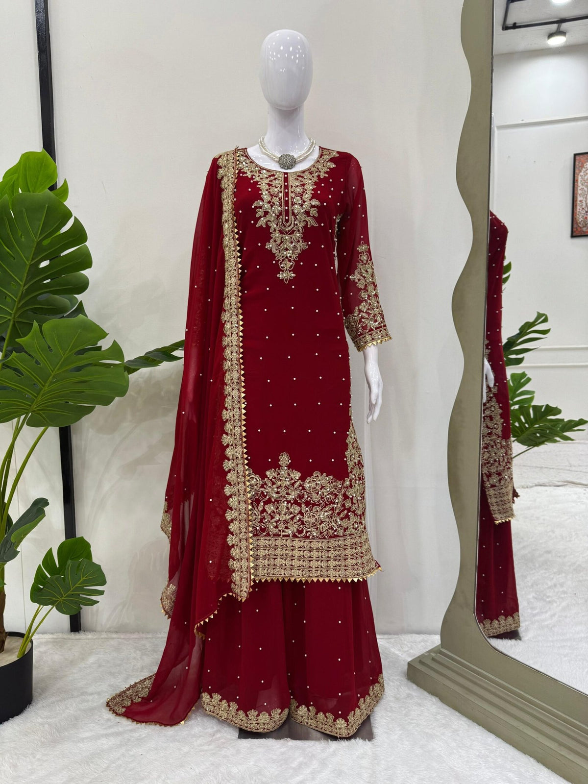 Elegant Foux Georgette Top-Plazo-Dupatta Set with Coding, Sequence & Rivet Moti Work image 9
