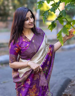 Elegant Linen Saree with Gold Jari 5×5 Border & Digital Print image 2