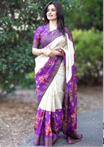 Elegant Linen Saree with Gold Jari 5×5 Border & Digital Print image 0