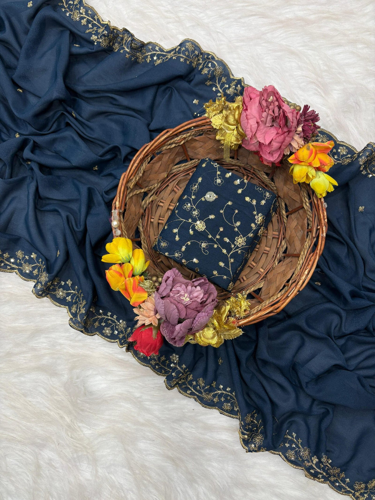 Premium Star Georgette Silk Saree with Sequin & Zari Embroidery - Navy Blue image