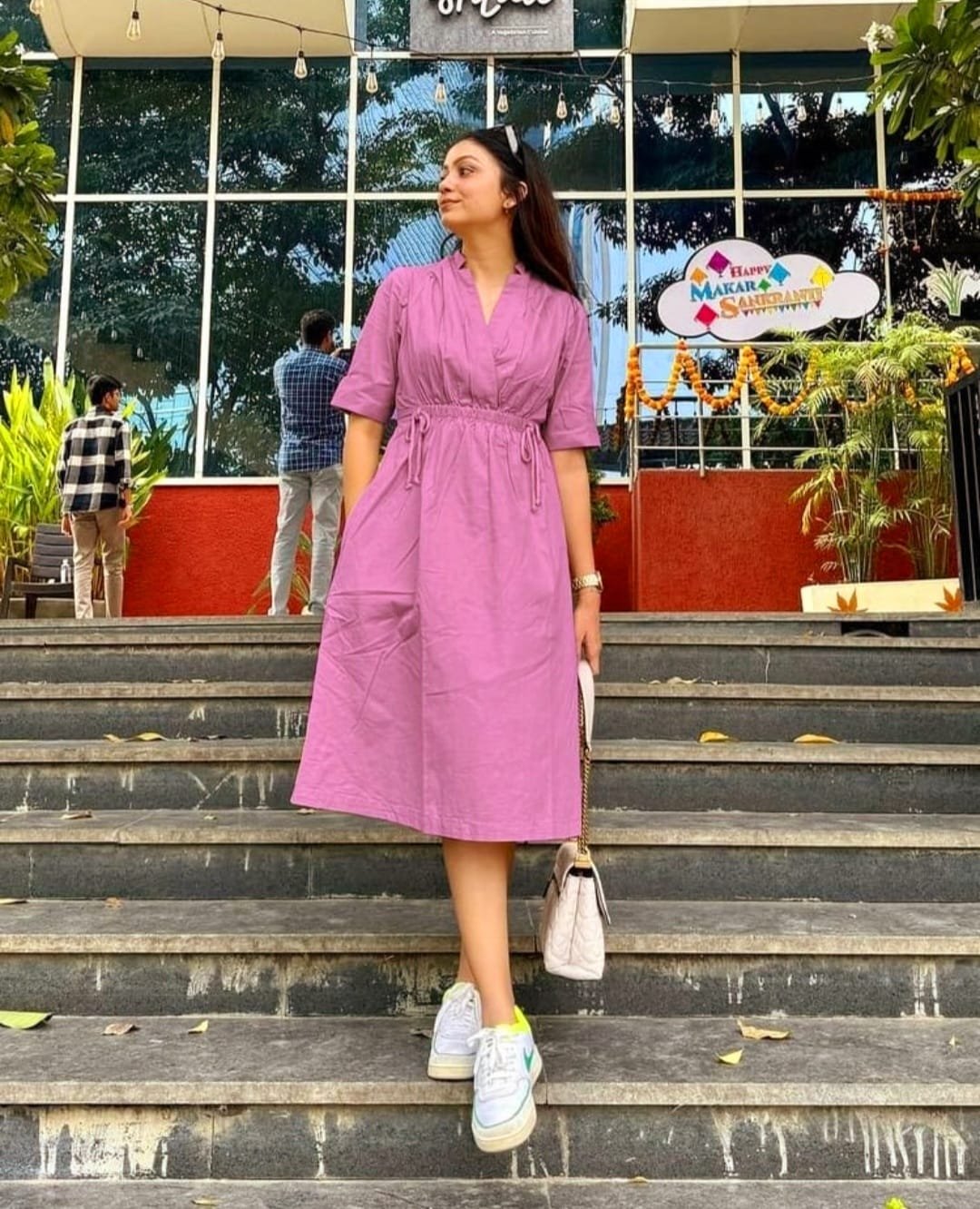 Stylish Cotton Slub Kurti with Dori Tassel & Pocket - Pink, M image