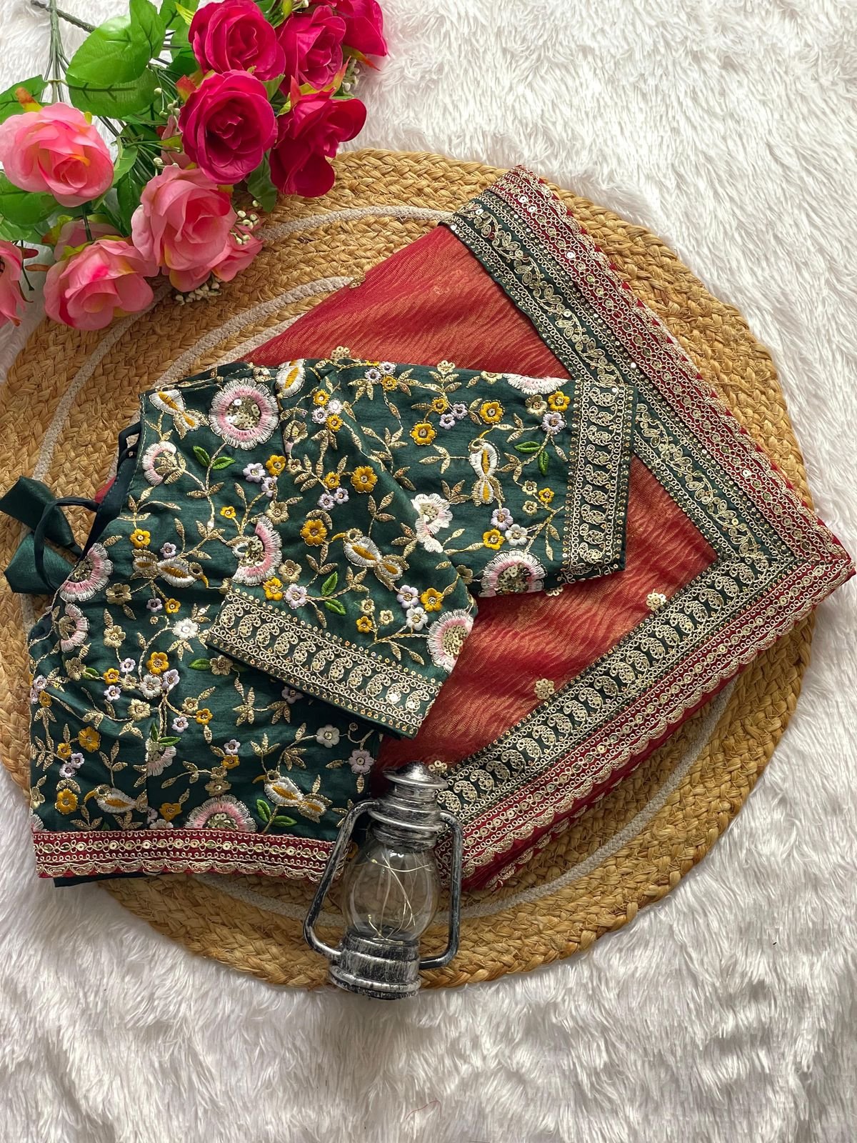 AAROHI Premium Banarasi Crush Saree with Multithread Sequins Butta & Embroidered Blouse image 0