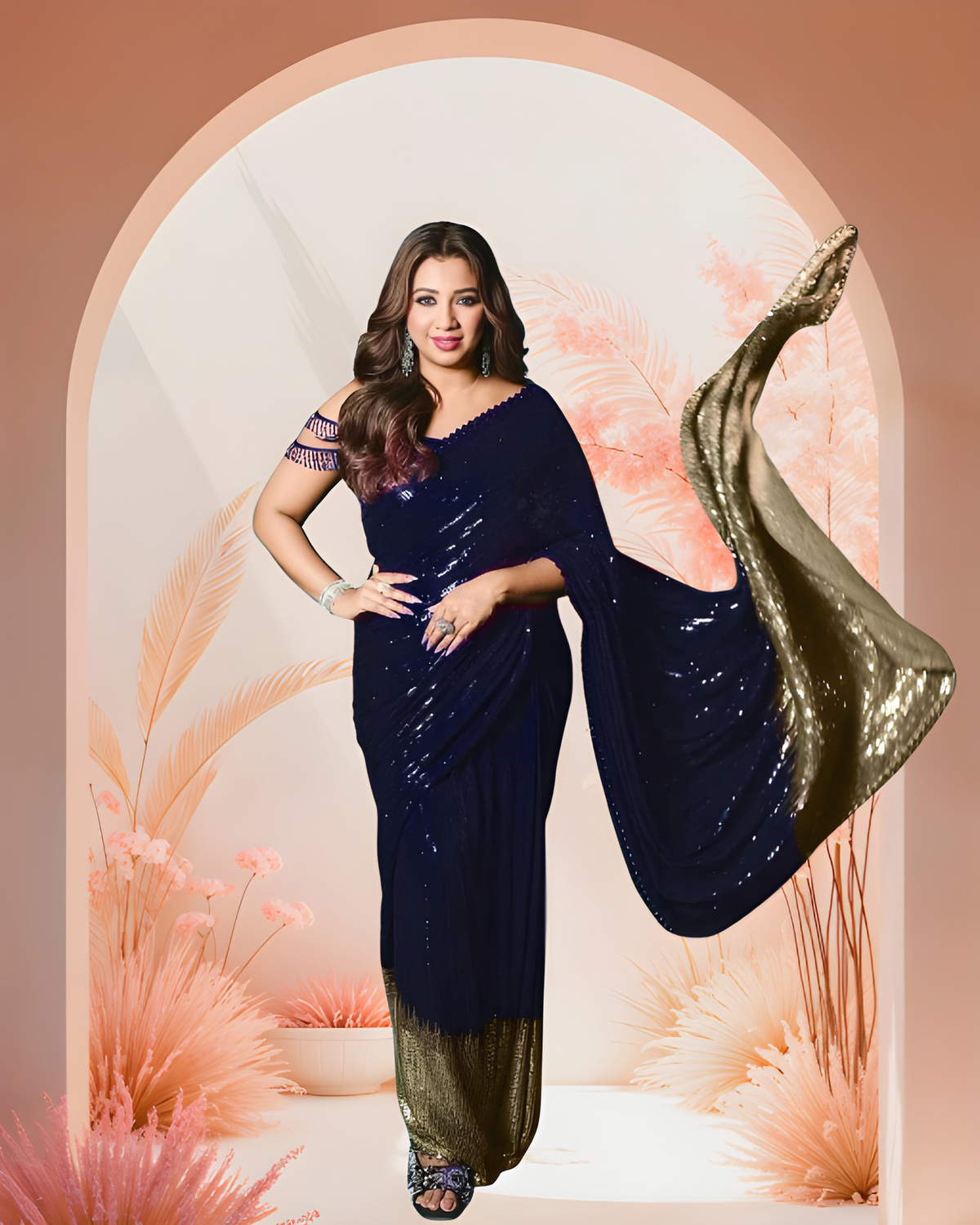 Bollywood Blockbuster Sequin Design Georgette Saree with Cutwork Lace Border image 1