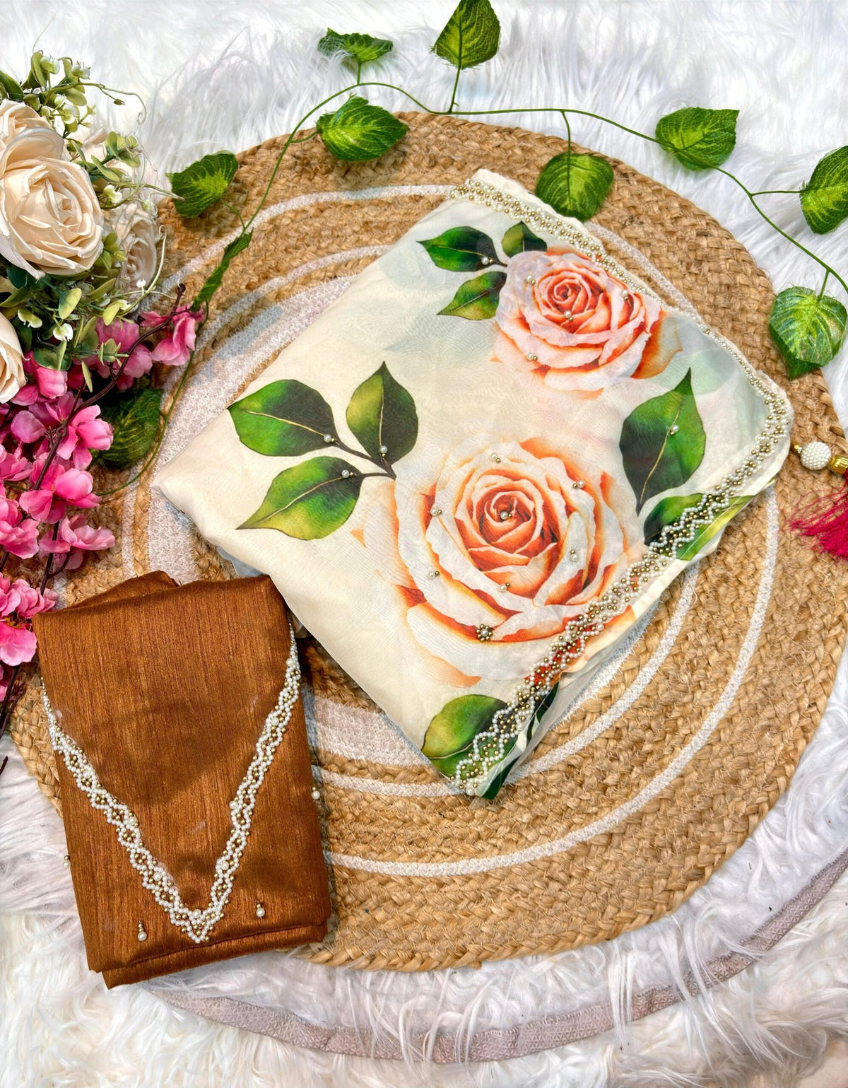 Pure Tebby Silk Saree with Floral Prints & Heavy Khatli Moti Border image 8