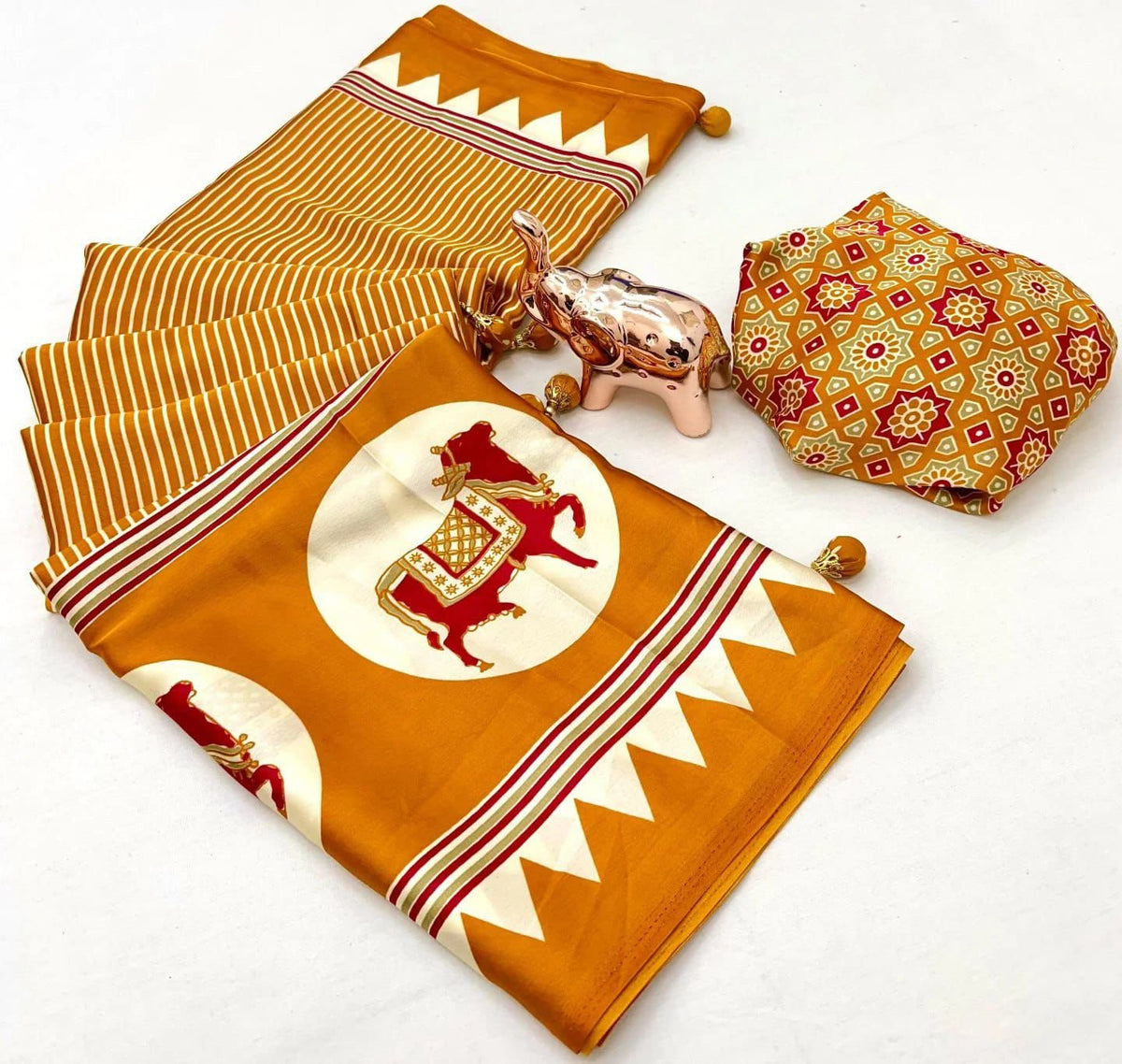White Zebra – Premium Japan Satin Patola Ajrakh Print Saree - Mustard Yellow image