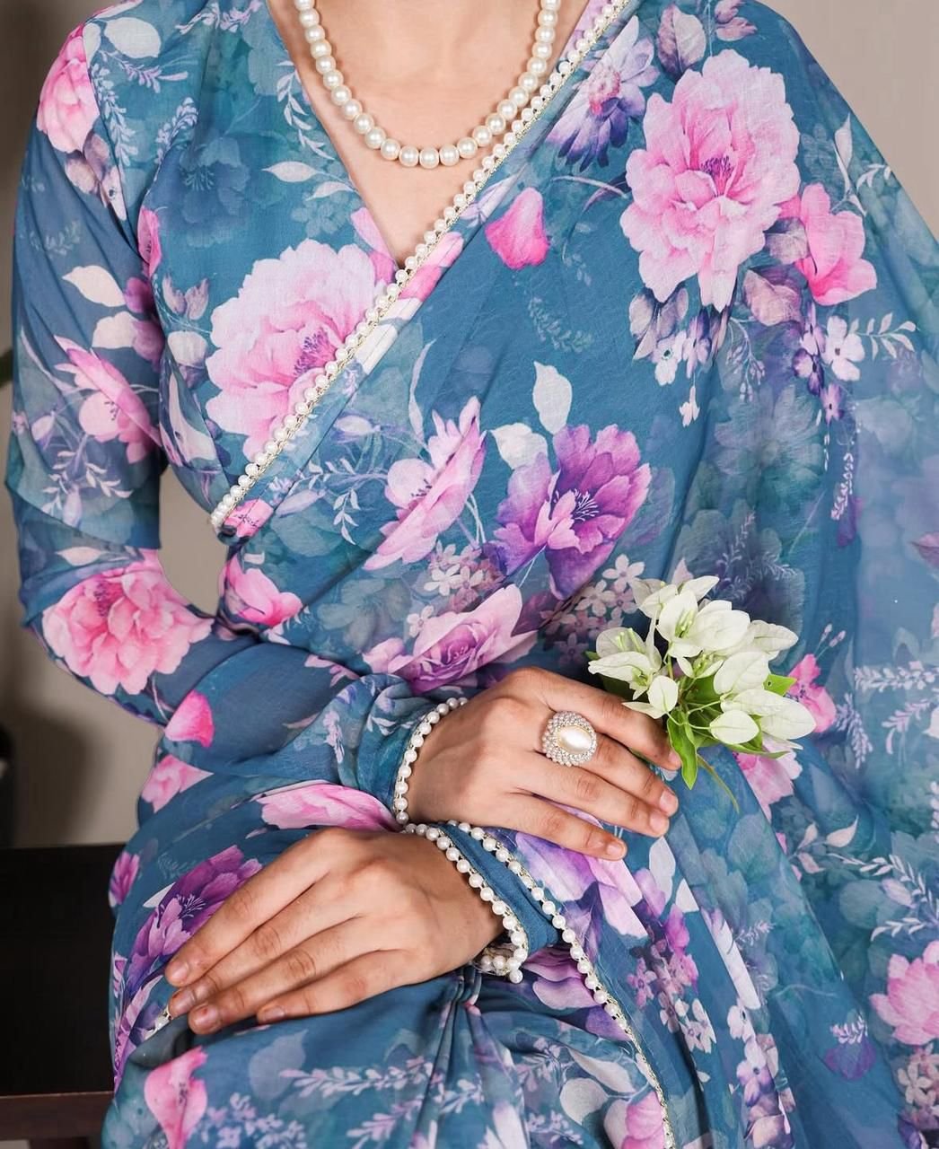 Floral Weightless Marbal Saree with Pearl Lace Border image 2