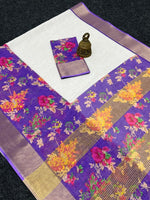 Elegant Linen Saree with Gold Jari 5×5 Border & Digital Print image 7