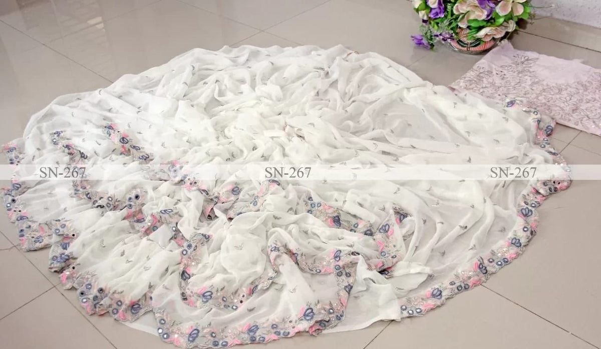 Elegant Maheshwari Georgette Saree with Zari Butta, Ruffles & Mirror Work image 4