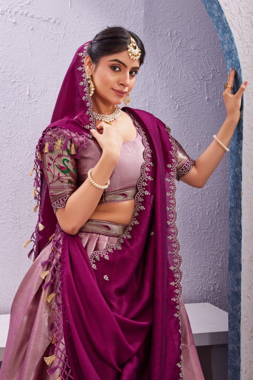 Morni Woven Jacquard Silk Lehenga Set with Embroidered Vichitra Silk Dupatta image 16