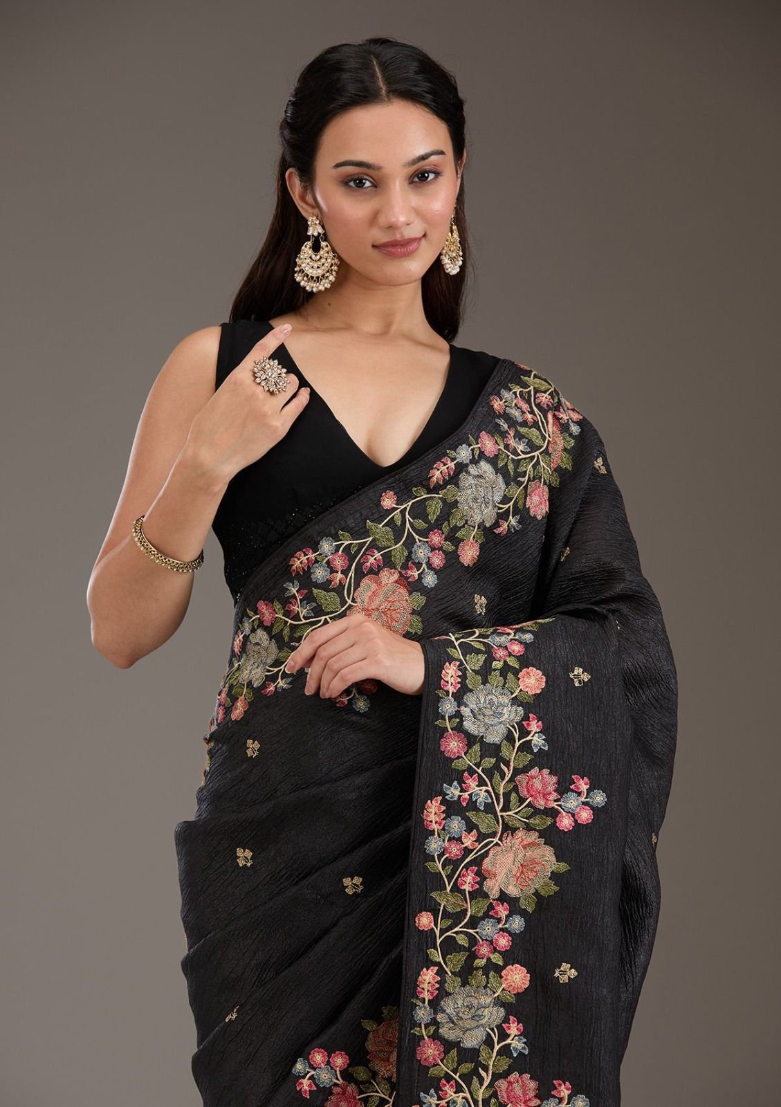 SARIKA Soft Crunchy Silk Saree with Elegant Multi-Thread Work & Piping Lace Border - Black image