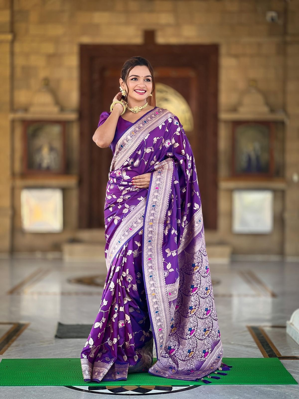 Purple Soft Lichi Silk Saree with Rich Jacquard Work & Contrast Blouse image 0