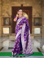 Purple Soft Lichi Silk Saree with Rich Jacquard Work & Contrast Blouse image 0
