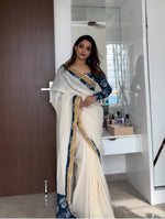 Plain Linen Saree with Digital Print & Matching Blouse - Navy Blue image
