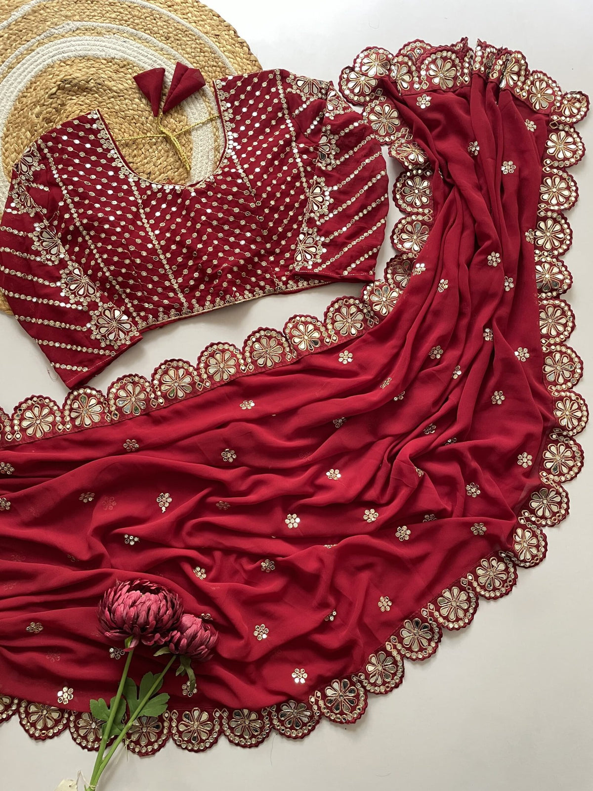Stitched Faux Georgette Saree with Original Mirror & Multisequins Embroidery Blouse image 4