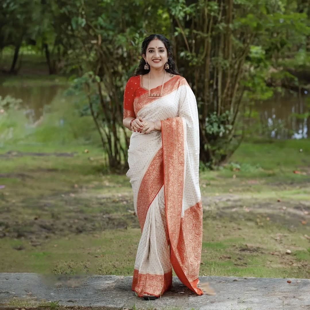 Stunning White Soft Lichi Silk Saree with Red Contrast Jacquard Blouse image 0