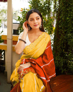 Plain Linen Saree with Mirror & Digital Print Work + Bangalory Satin Blouse - Yellow image