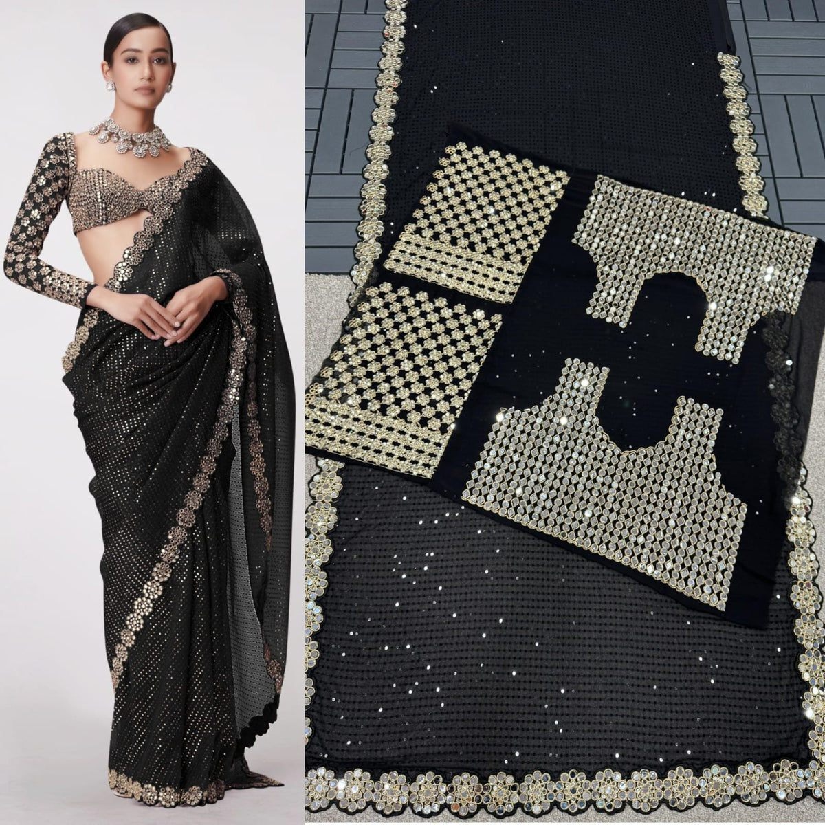 Bollywood Blockbuster Mirror Work Sequin Saree in Faux Georgette - Black image