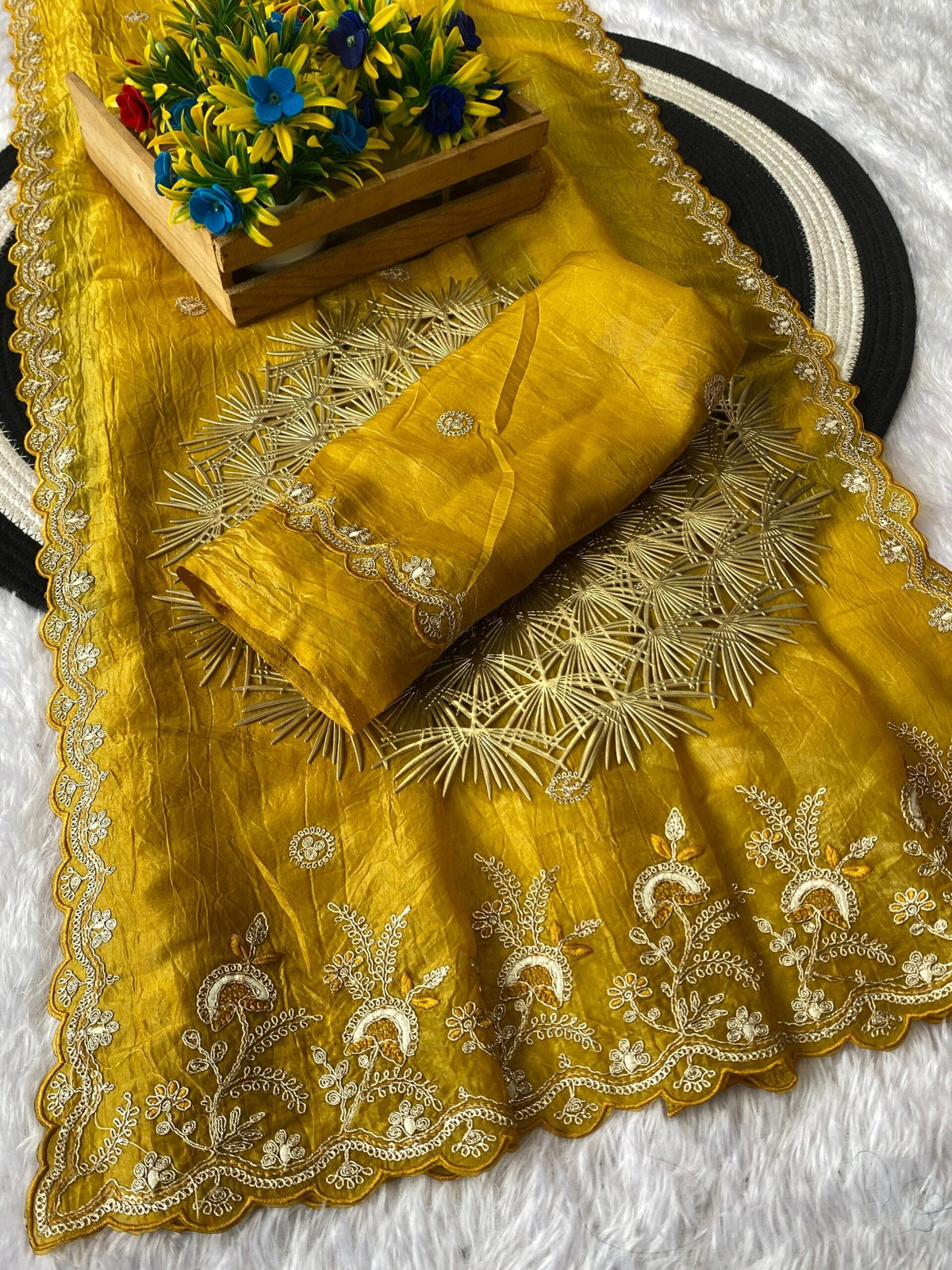 Gold Crush Designer Saree with Silver Embroidery & Sequin Work | Embroidered Blouse | Premium Ethnic Wear image 0