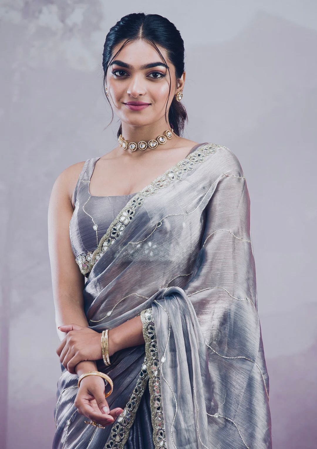 Elegant Burberry Silk Saree with Real Mirror & Embroidery Work - Silver Grey image