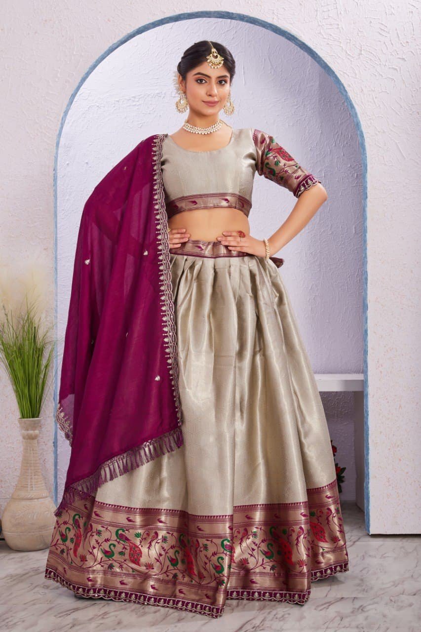 Morni Woven Jacquard Silk Lehenga Set with Embroidered Vichitra Silk Dupatta image 24