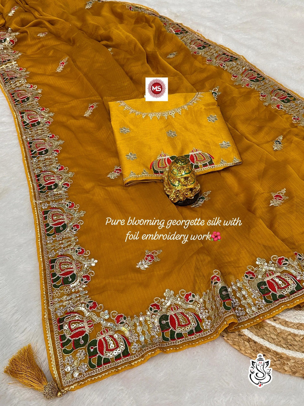 Heavy Silky Blooming Georgette Saree with Thread & Gotapatti Work + Banglori Work Blouse - Mustard Yellow image