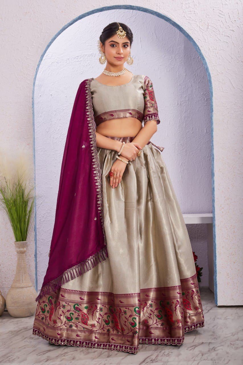 Morni Woven Jacquard Silk Lehenga Set with Embroidered Vichitra Silk Dupatta - Champagne image