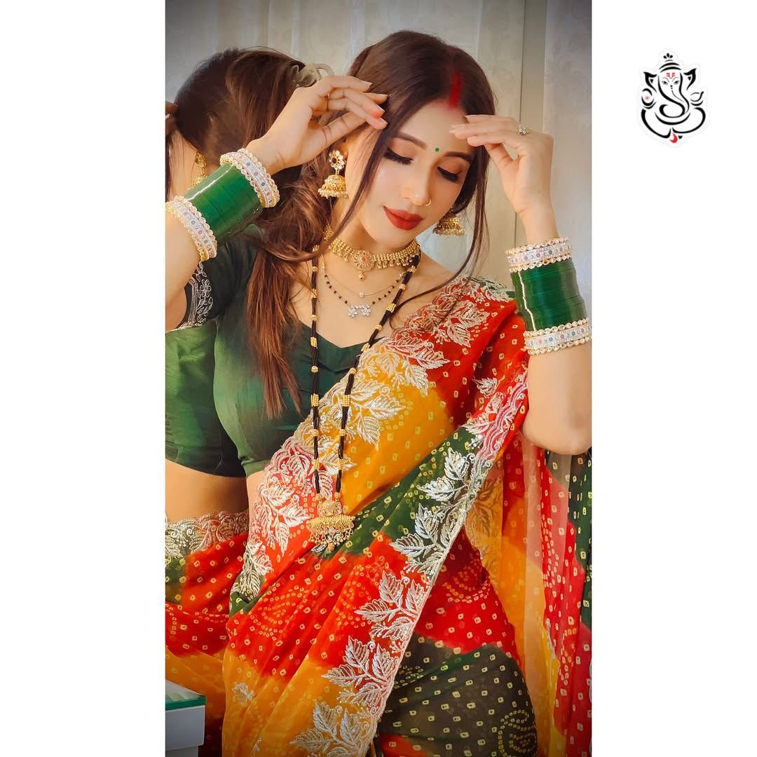 Trending Bandhini Print Soft Georgette Saree with Heavy C-Pallu Work image 1