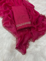 Stunning Pink Satin Space Silk Saree with Original Jarkhan Diamond Work – Perfect for Sangeet & Cocktail Nights image 22