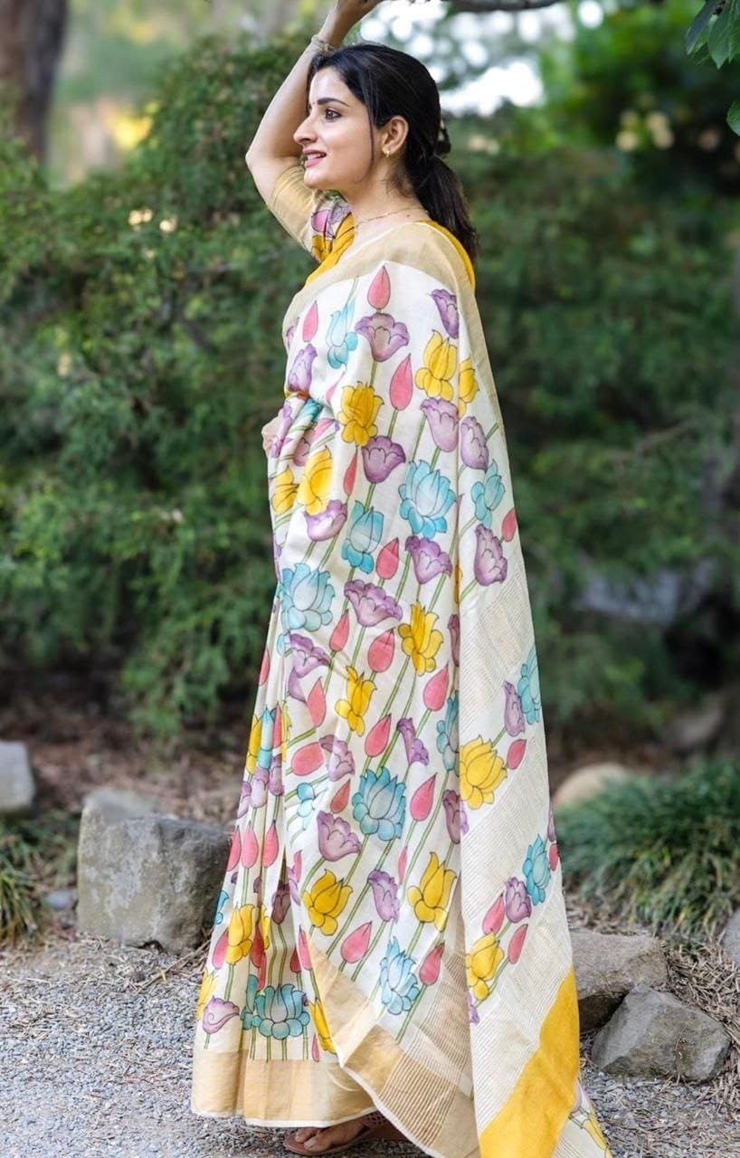 Linen Saree with Gold Jari 5×5 Border & Digital Print image 2