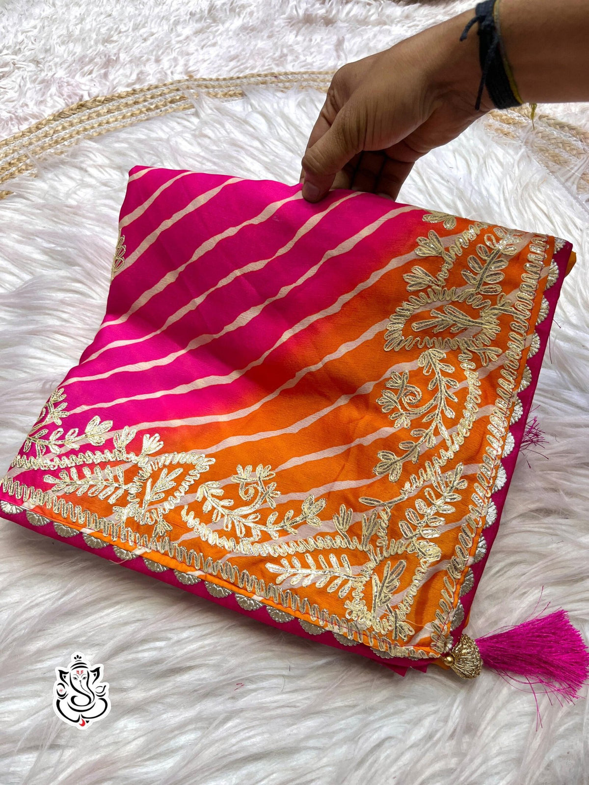 Soft Chinon Silk Leheriya Saree with Heavy Ribbon Gota C Pallu & Butti Work | Designer Mono Work Blouse image 0