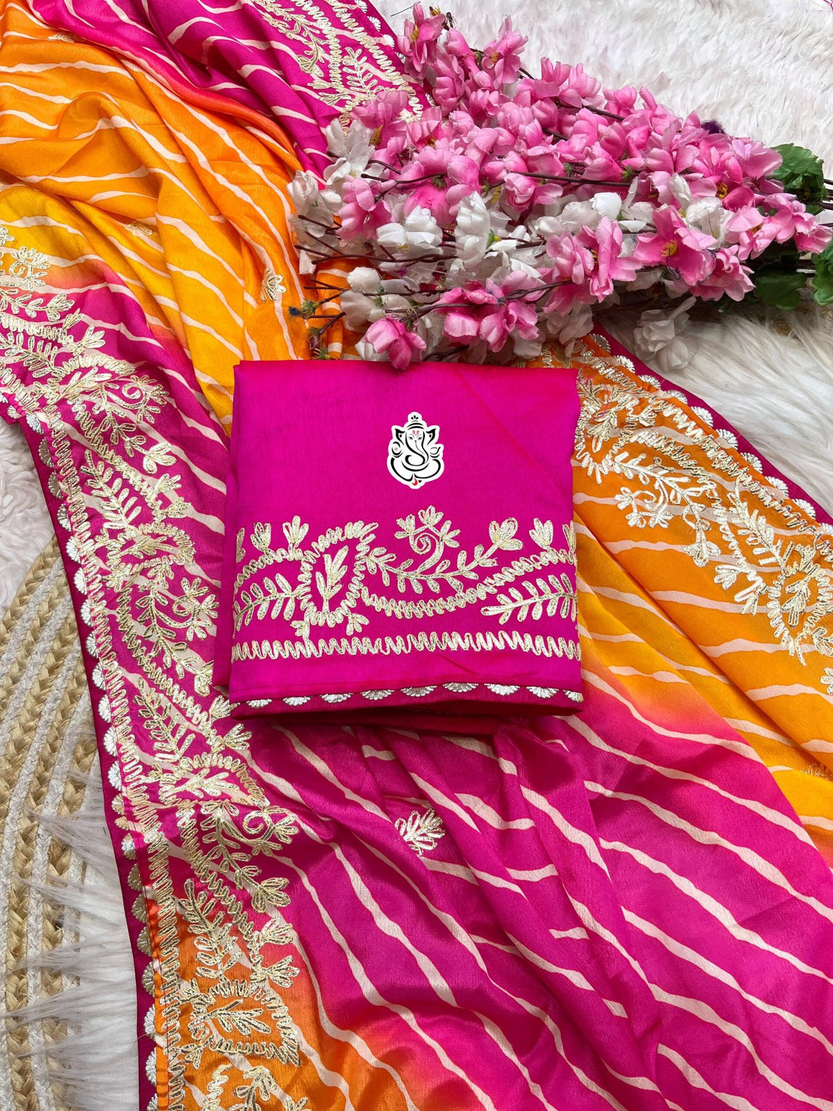 Soft Chinon Silk Leheriya Saree with Heavy Ribbon Gota C Pallu & Butti Work | Designer Mono Work Blouse image 3
