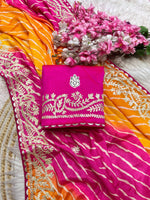 Soft Chinon Silk Leheriya Saree with Heavy Ribbon Gota C Pallu & Butti Work | Designer Mono Work Blouse image 3