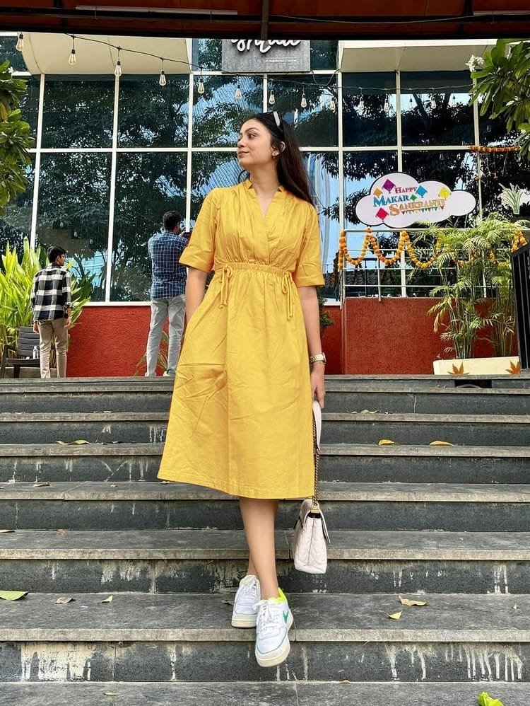 Stylish Cotton Slub Kurti with Dori Tassel & Pocket - Yellow, L image