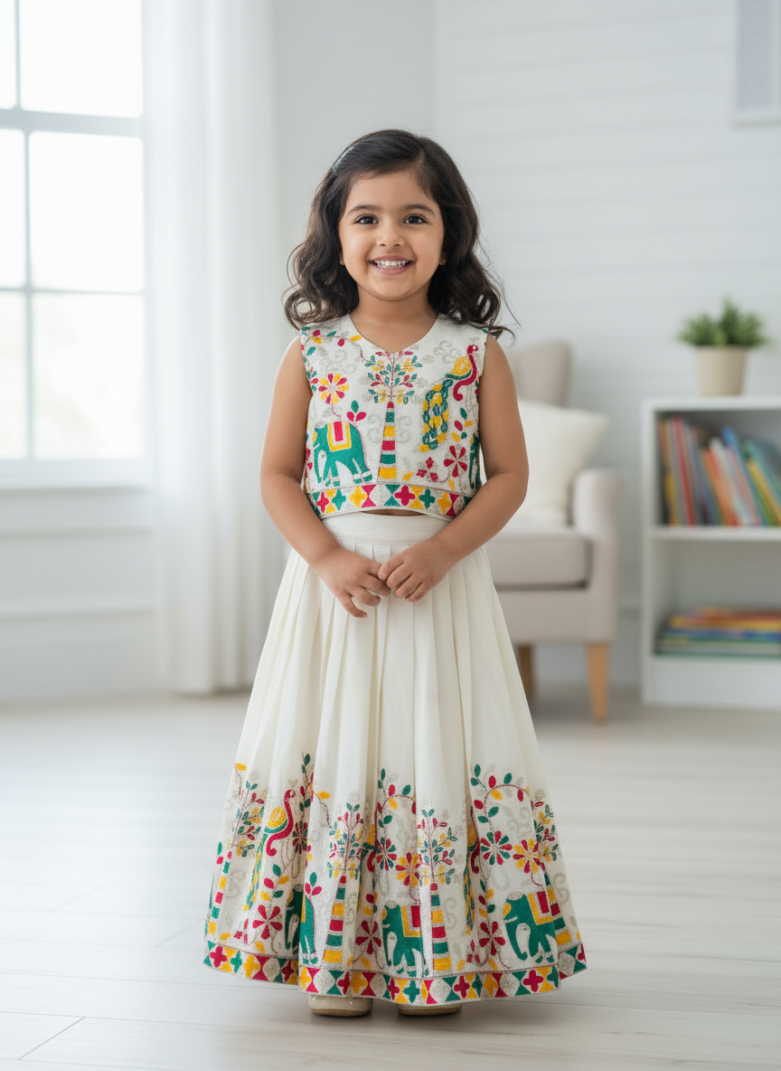 Kids Pure Cotton Silk Lehenga Choli with Border Thread Work | Adjustable Drawstring & Tassels