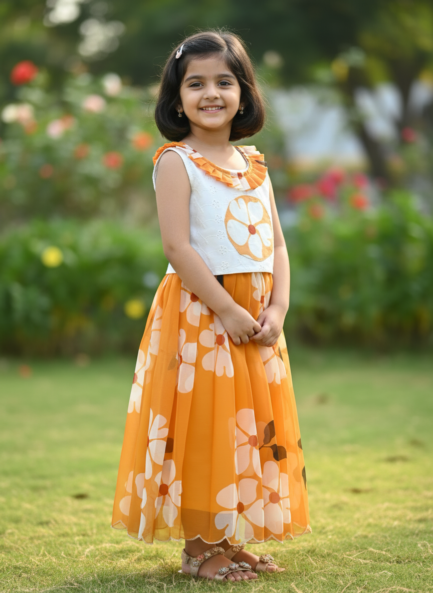 Kids Pure Georgette Lehenga Choli with Sifali Work Blouse & Flower Print | Adjustable Drawstring