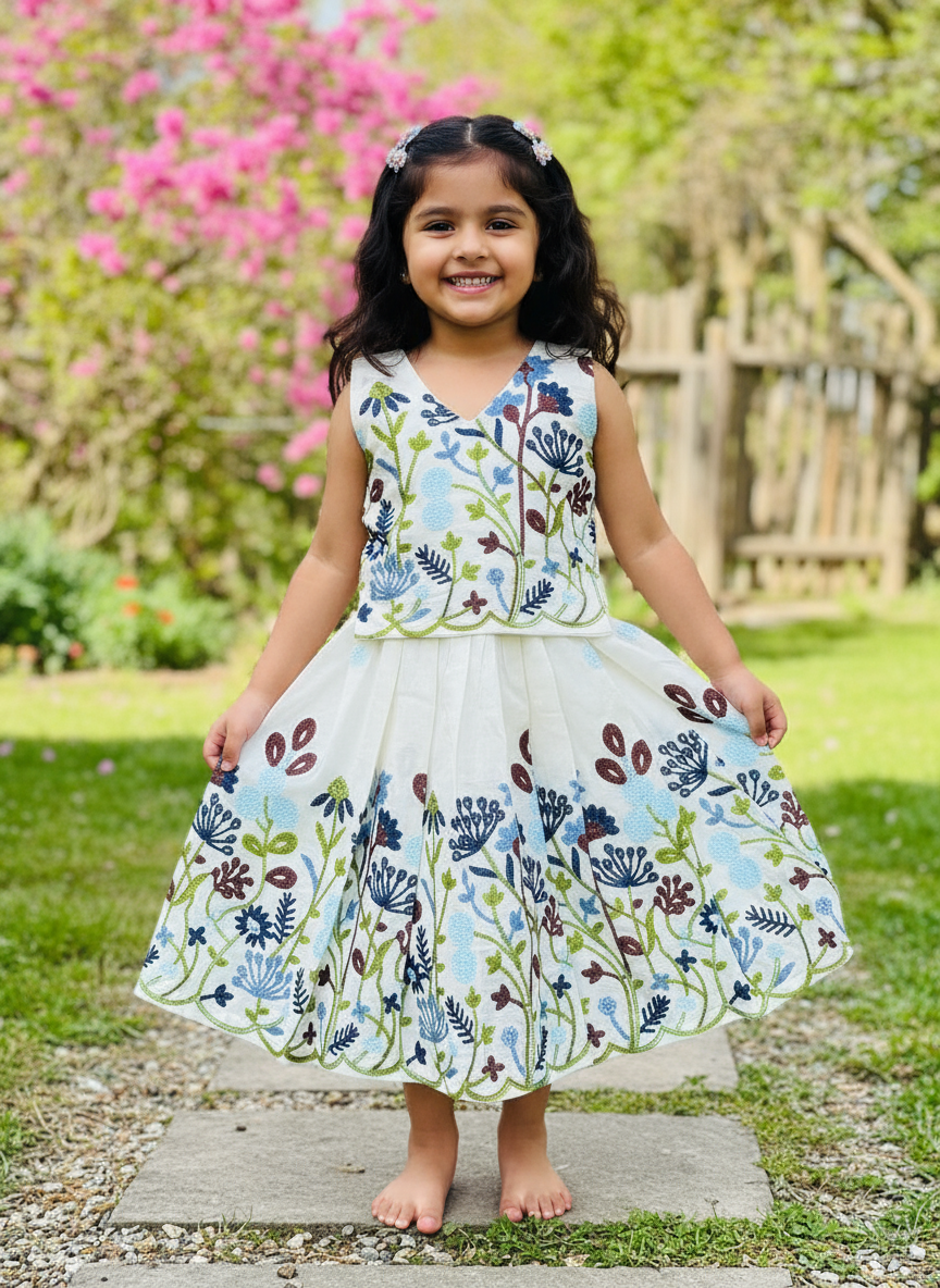 Kids Pure Cotton Silk Lehenga Choli with Border Thread Work | Adjustable Drawstring & Tassels