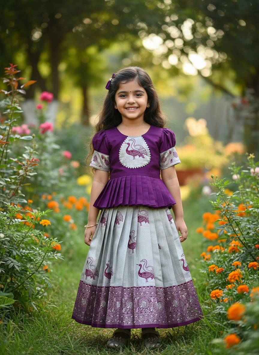 Kids Art Silk Lehenga Choli with Fiesta Weaving Work & Satin Blouse | Adjustable Drawstring